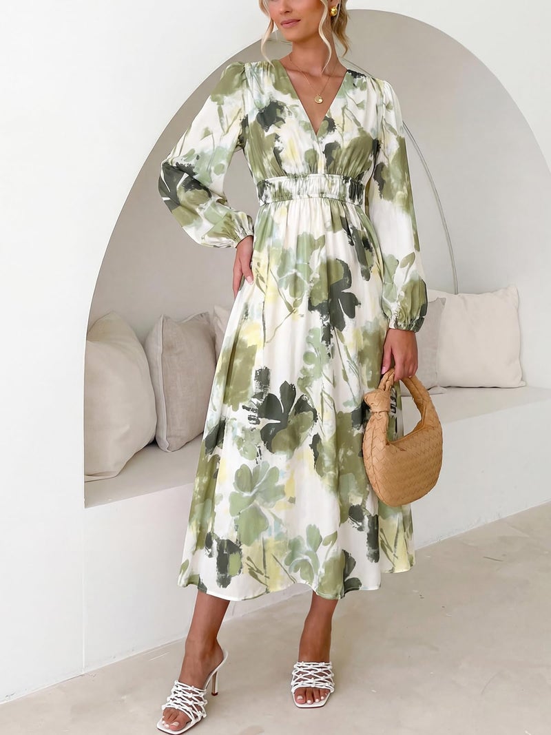 Maxigerui Women's Long Sleeve Floral Maxi Dress 2026 Spring Summer Wedding Guest Dress Green Print L - Image 5