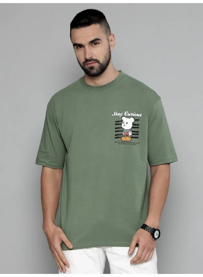 Maniac Teddy Printed Mens Round Neck 3/4th Sleeve Hunter Green Cotton Oversized T-Shirt