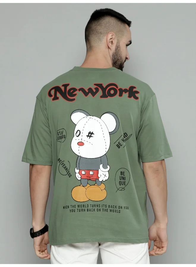 Maniac Teddy Printed Mens Round Neck 3/4th Sleeve Hunter Green Cotton Oversized T-Shirt