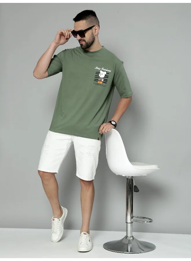 Maniac Teddy Printed Mens Round Neck 3/4th Sleeve Hunter Green Cotton Oversized T-Shirt