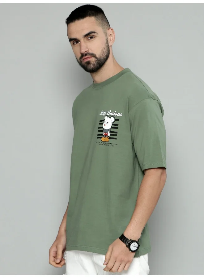 Maniac Teddy Printed Mens Round Neck 3/4th Sleeve Hunter Green Cotton Oversized T-Shirt