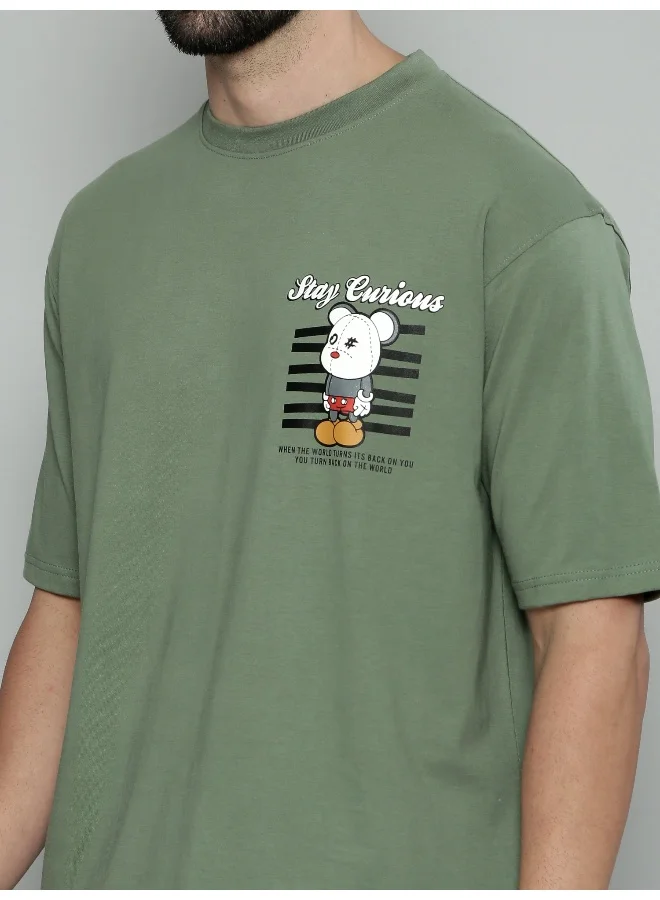 Maniac Teddy Printed Mens Round Neck 3/4th Sleeve Hunter Green Cotton Oversized T-Shirt