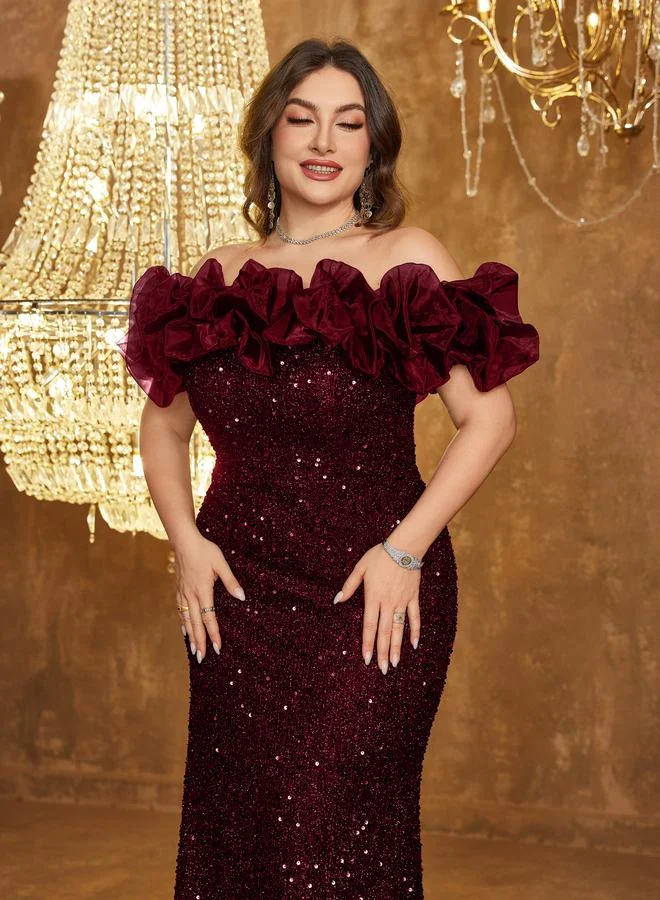 Unithorse Plus Size Burgundy Floral Off-Shoulder Sleeves Sequined Maxi Dress