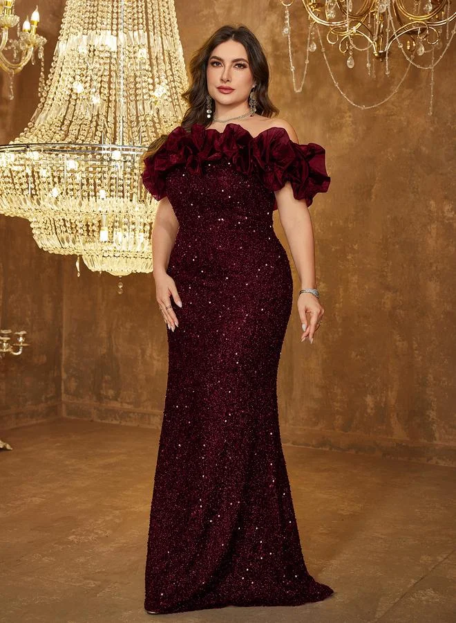 Unithorse Plus Size Burgundy Floral Off-Shoulder Sleeves Sequined Maxi Dress