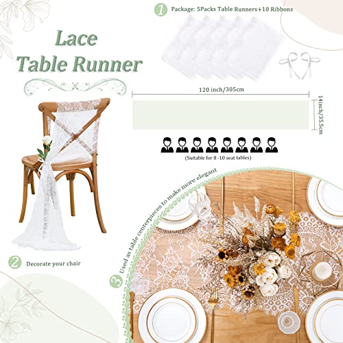 B.Cool B-COOL 5 Packs Lace Table Runner 14x120 Inch Rustic Wedding White Table Runners for Rectangle Table Vintage Hollow Lace Floral Outdoor Fall Thanksgiving Table Decoration - Image 5