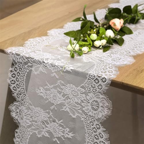 B.Cool B-COOL 5 Packs Lace Table Runner 14x120 Inch Rustic Wedding White Table Runners for Rectangle Table Vintage Hollow Lace Floral Outdoor Fall Thanksgiving Table Decoration - Image 1