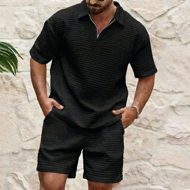 Men's Plus Size Summer Polo Short Sleeve Set Casual Jacquard Checkered Sports Tracksuit - Image 1