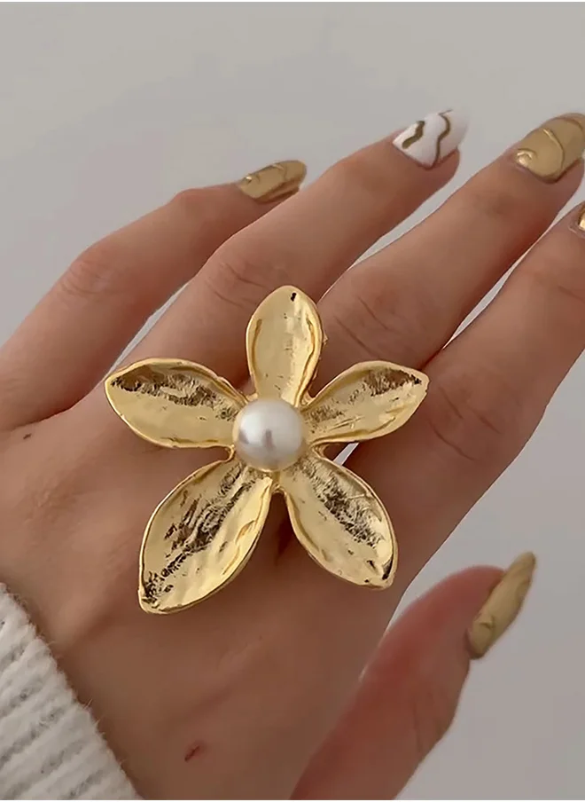 تايك تو Faux Pearl Detail Flower Ring