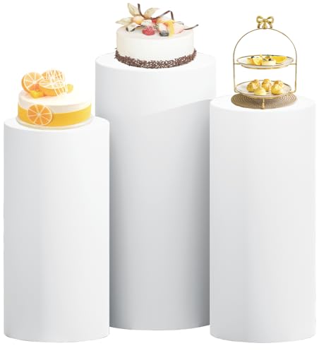ROMANKAS White Cylinder Stand Cover Spandex Cylinder Pedestal Cover Set of 3 Round Pedestal Plinth Display Box Stand Stretchable Cylinders Covers Vintage Pillar Covers for Party Birthday Banquet Decor - Image 1