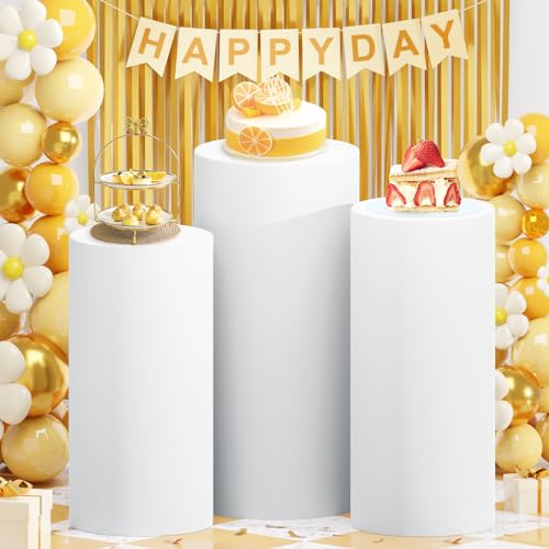 ROMANKAS White Cylinder Stand Cover Spandex Cylinder Pedestal Cover Set of 3 Round Pedestal Plinth Display Box Stand Stretchable Cylinders Covers Vintage Pillar Covers for Party Birthday Banquet Decor - Image 2