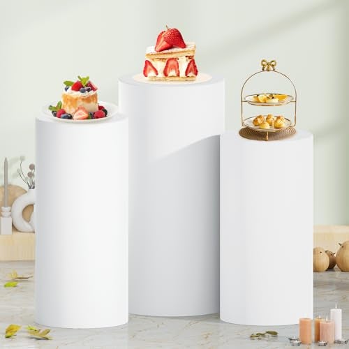 ROMANKAS White Cylinder Stand Cover Spandex Cylinder Pedestal Cover Set of 3 Round Pedestal Plinth Display Box Stand Stretchable Cylinders Covers Vintage Pillar Covers for Party Birthday Banquet Decor - Image 5