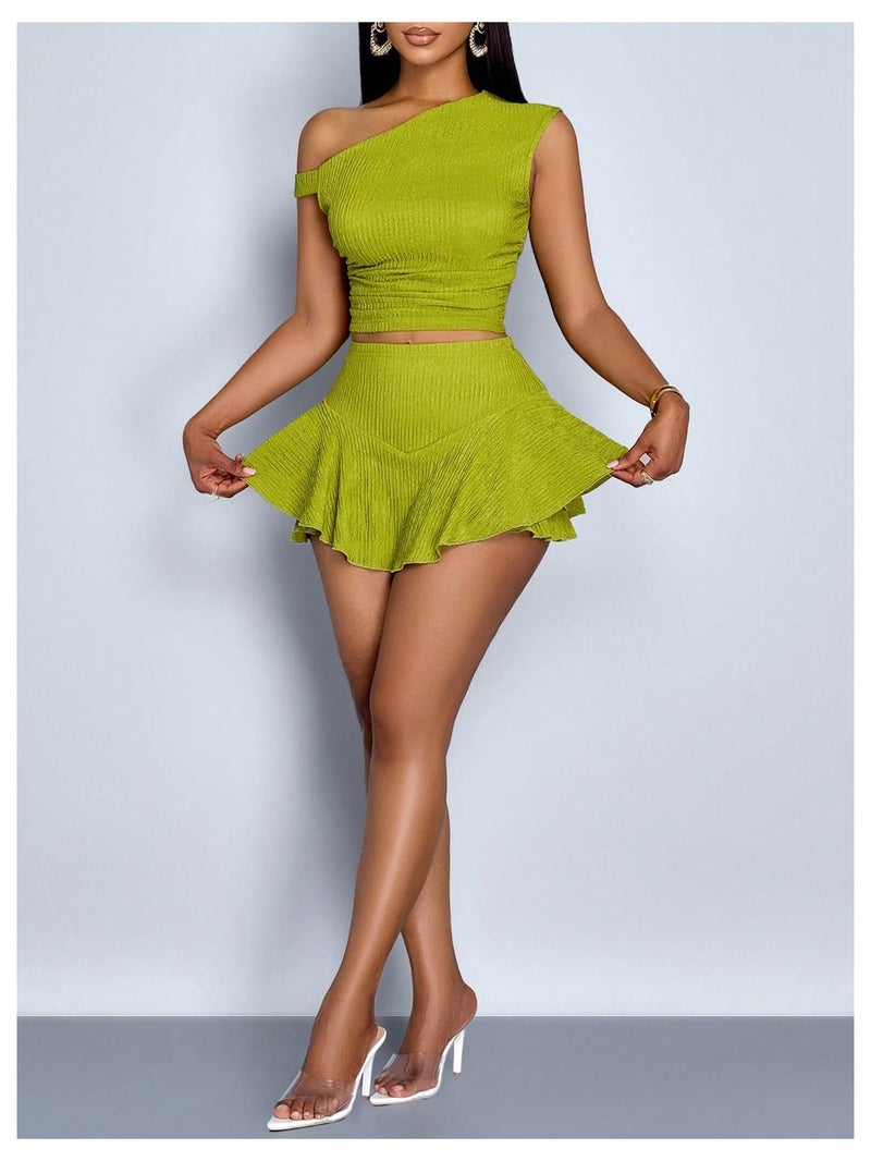 WDIRARA Women's One Shoulder Asymmetrical Tank Top and Layered Ruffle A Line Mini Skirt Sets 2 Piece Outfits Green Small - Image 5