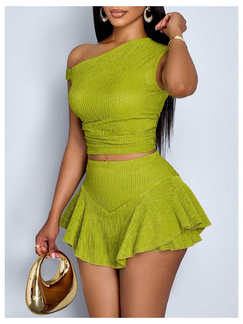WDIRARA Women's One Shoulder Asymmetrical Tank Top and Layered Ruffle A Line Mini Skirt Sets 2 Piece Outfits Green Small - Image 3