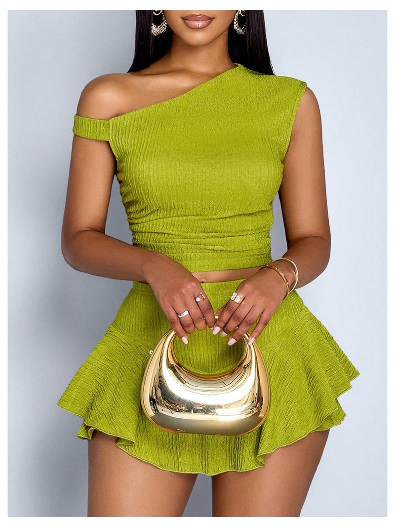 WDIRARA Women's One Shoulder Asymmetrical Tank Top and Layered Ruffle A Line Mini Skirt Sets 2 Piece Outfits Green Small - Image 4