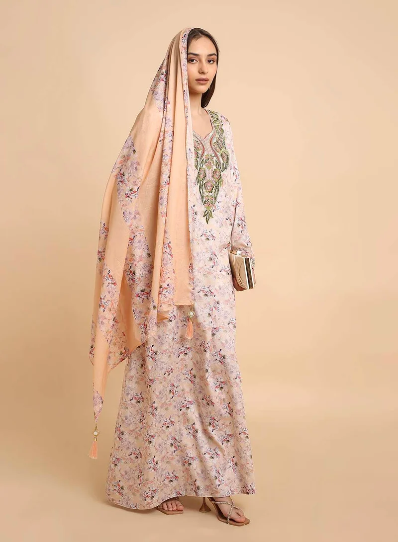 HANA & SARA Ethnic Style Arabic Mukhawar Jalabiya in Pure Giza Silk Cotton Dress with Head Scarf for Women's