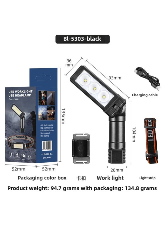 Loquat USB Multi-function COB Magnet Auto Repair Work Light LED Red Warning Light Strong Flashlight Maintenance Work Light-Color:Bl-5303-black - Image 1