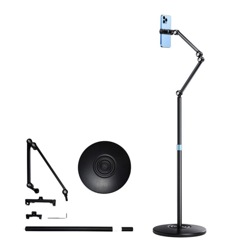MRK Floor Stand with 2-Brackets head for Phone and Tablet - 360° Adjustable Swivel Premium Articulating Arm no spring with Weighted Base Aluminum Alloy Construction for Desk, Bedside and Office Use - Image 1