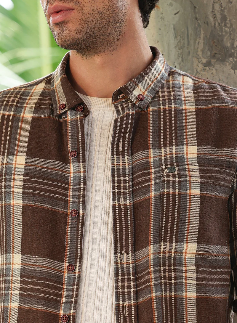 CAHOOT  Men's Chocolate Brown Button-Down Shadow-Plaid Shirt for Men | Best Price UAE