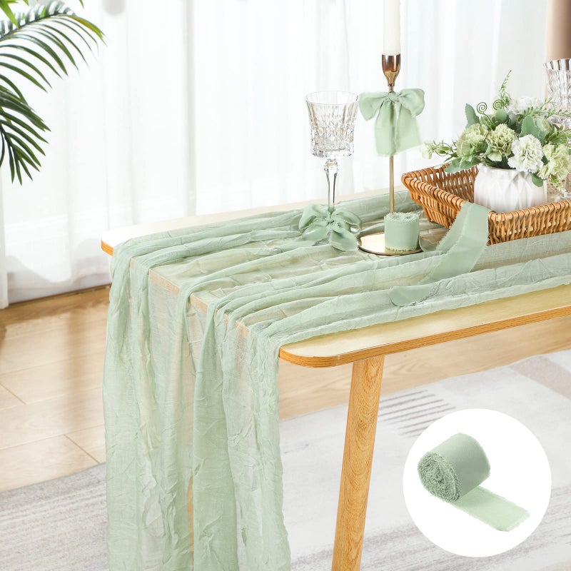 Table Runner Cheesecloth and Fringe Chiffon Silk Ribbon Boho Gauze Natural Decor Rustic Table Runner for Wedding Baby Shower Birthday Party Sage Green