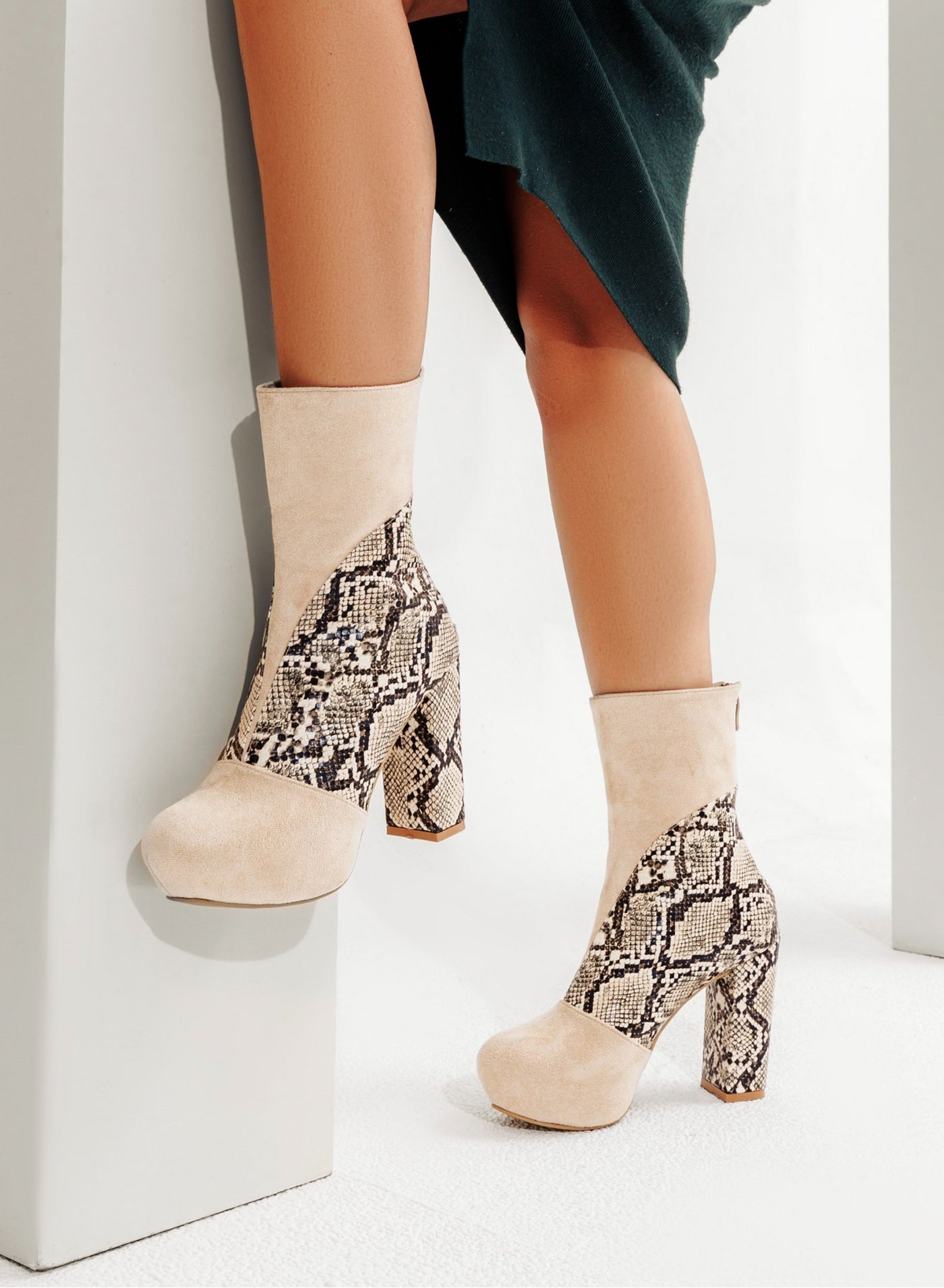 Suede Boot With Snakeskin Leather 9 Sm B-35-BEIGE