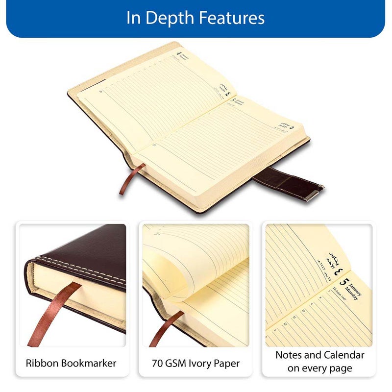 FIS 2026 A5 Diary, 148x210mm, 2 Side Padded Sewn Bonded Leather Cover, Round Corners with Magnetic Lock, Arabic/English, 70gsm Italian Ivory Paper, Chocolate Cover, LockDesign 4-FSDI86AE26D04 - Image 5