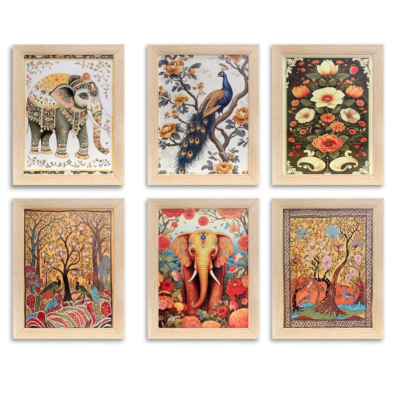 ENTIRELY ELITE Wall Art Posters Traditional Indian Folk Art Madhubani Set of 6 Framed PrintsWood Wall Decor Paintings For Living Room PatternMinimal Art Set Of 6 10X13 Inches Elephant and Peacock Theme  - Image 1