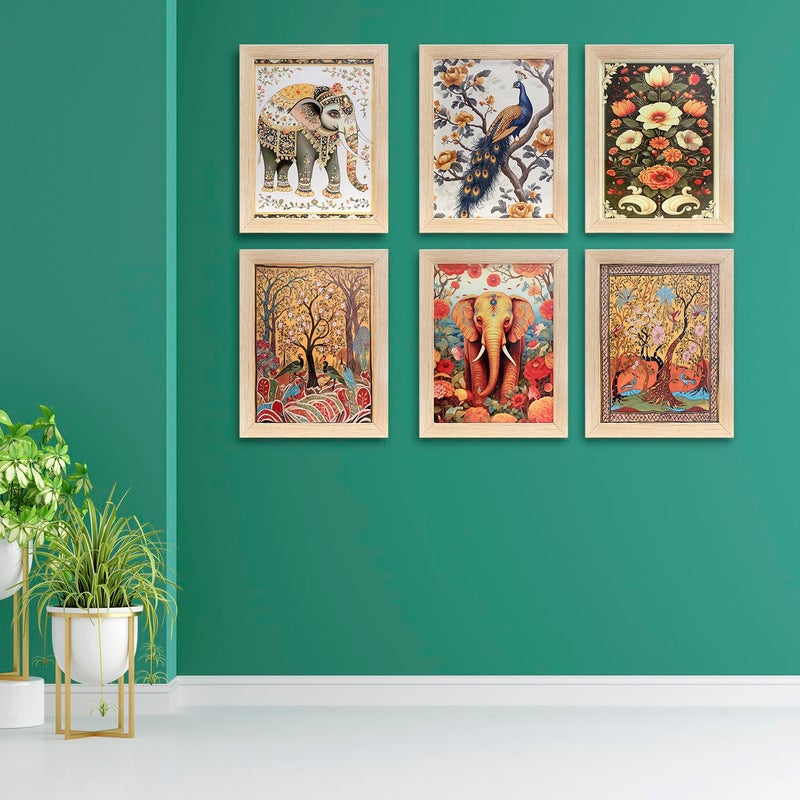 ENTIRELY ELITE Wall Art Posters Traditional Indian Folk Art Madhubani Set of 6 Framed PrintsWood Wall Decor Paintings For Living Room PatternMinimal Art Set Of 6 10X13 Inches Elephant and Peacock Theme  - Image 2