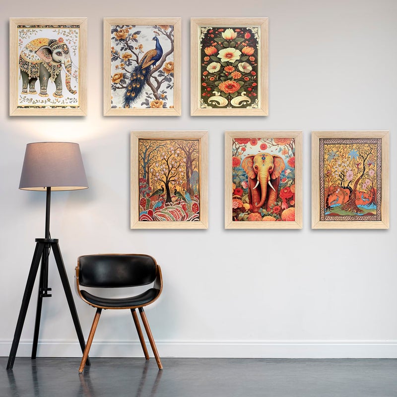 ENTIRELY ELITE Wall Art Posters Traditional Indian Folk Art Madhubani Set of 6 Framed PrintsWood Wall Decor Paintings For Living Room PatternMinimal Art Set Of 6 10X13 Inches Elephant and Peacock Theme  - Image 4