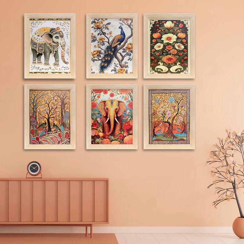 ENTIRELY ELITE Wall Art Posters Traditional Indian Folk Art Madhubani Set of 6 Framed PrintsWood Wall Decor Paintings For Living Room PatternMinimal Art Set Of 6 10X13 Inches Elephant and Peacock Theme  - Image 3