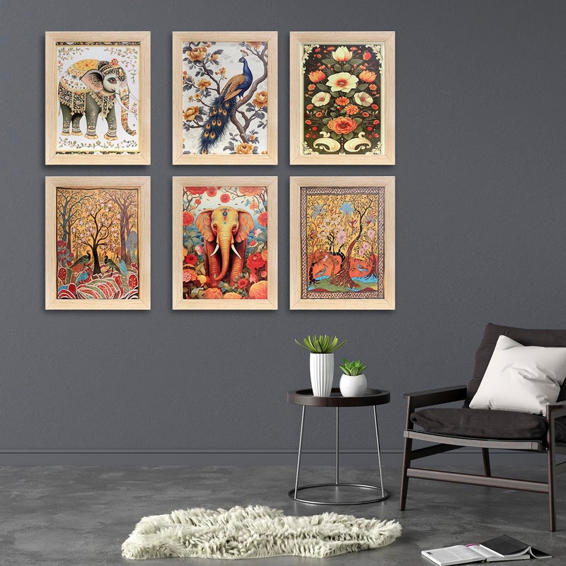 ENTIRELY ELITE Wall Art Posters Traditional Indian Folk Art Madhubani Set of 6 Framed PrintsWood Wall Decor Paintings For Living Room PatternMinimal Art Set Of 6 10X13 Inches Elephant and Peacock Theme  - Image 5
