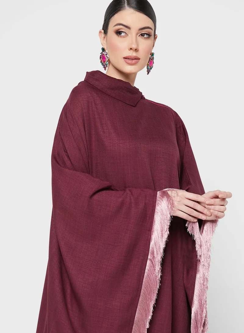 hayas closet Cape Sleeve Fringe Hem Abaya