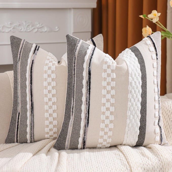 BOHO TUFTED THROW PILLOW COVERS 18X18 SET OF 2 STRIPED DECORATIVE PILLOW CASES ACCENT CHENILLE PILLOWCASES FARMHOUSE CUSHION CASE BOHEMIAN NUETRAL TEXTURED PILLOW COVERWHITE STRIPE
