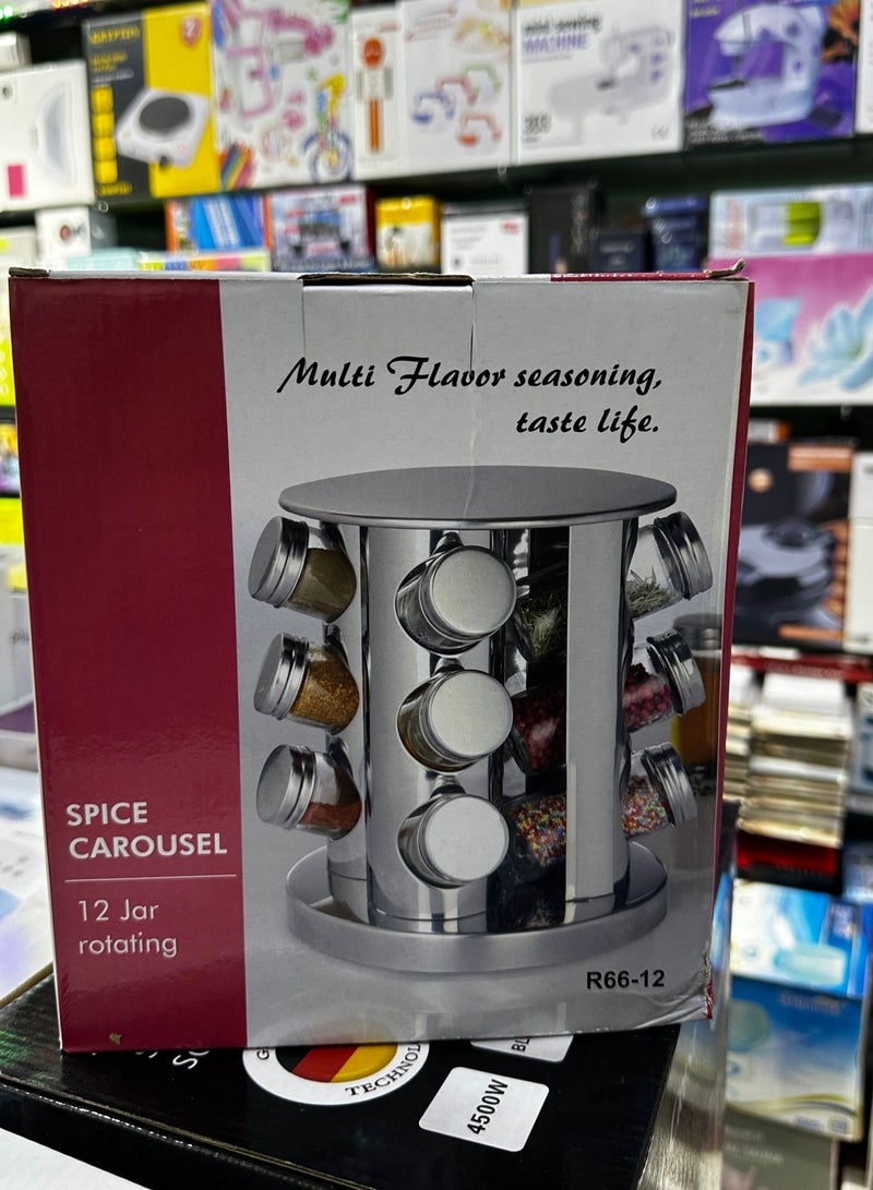 Rotating Kitchen Spice Rack Carousel 12 Jar Organizer for Clutter Free Counter Top Stainless Steel (Silver)
