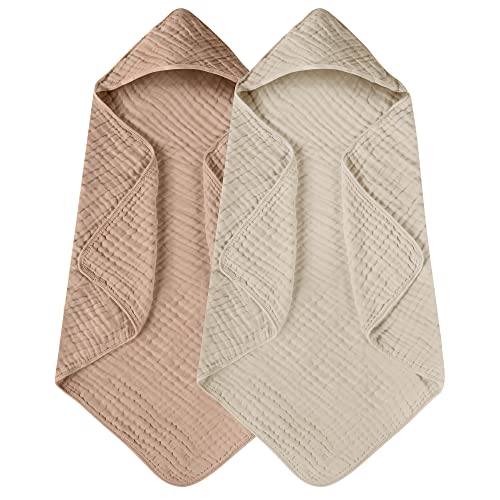Yoofoss Hooded Baby Towels for Newborn 2 Pack 100 Muslin Organic Cotton Baby Bath Towel with Hood for Babies Infant Toddler and Kids Large 32x32Inch Soft and Absorbent Newborn Essential