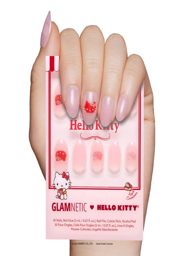 جلامنتيك أظافر لاصقة من Glamnetic x Hello Kitty® and Friends - Hello Kitty® | أظافر صناعية قصيرة بيضاوية حمراء برسومات جرافيكية بلمسة مخملية | 15 مقاسًا - مجموعة أظافر 30 مع غراء - Image 1