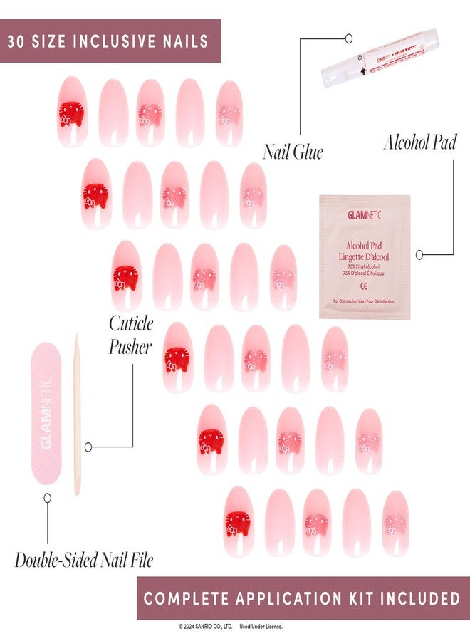 جلامنتيك أظافر لاصقة من Glamnetic x Hello Kitty® and Friends - Hello Kitty® | أظافر صناعية قصيرة بيضاوية حمراء برسومات جرافيكية بلمسة مخملية | 15 مقاسًا - مجموعة أظافر 30 مع غراء - Image 4