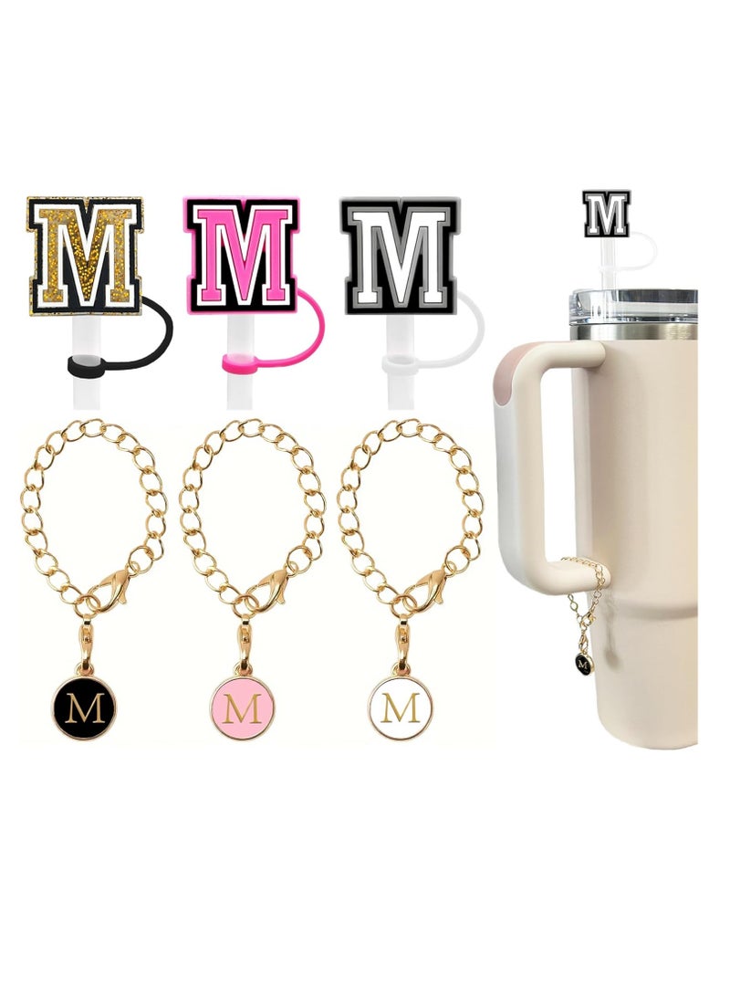 Mmmon 3PCS Straw Cover 10mm For Tumbler Cup Reusable Straw Cap Topper and 3 Initial Letter Charms M Handle Charm For 30 and 40 Oz Cup Tumbler - Image 1