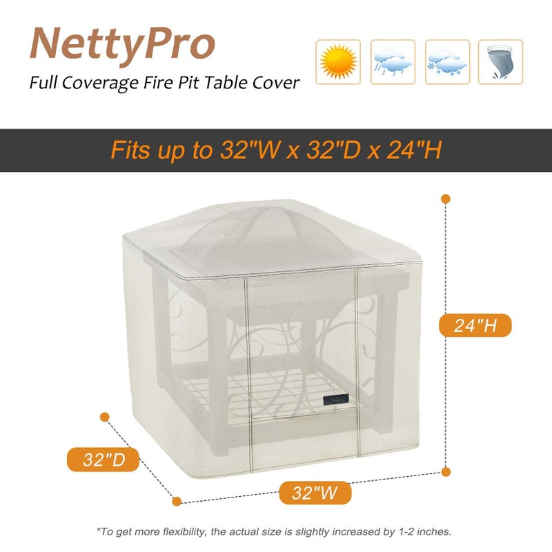 NettyPro Fire Pit Cover Square Waterproof Outdoor Firepit Cover for Gas Propane Fire Pit Table, 32 x 32 x 24 inch, Beige - Image 2
