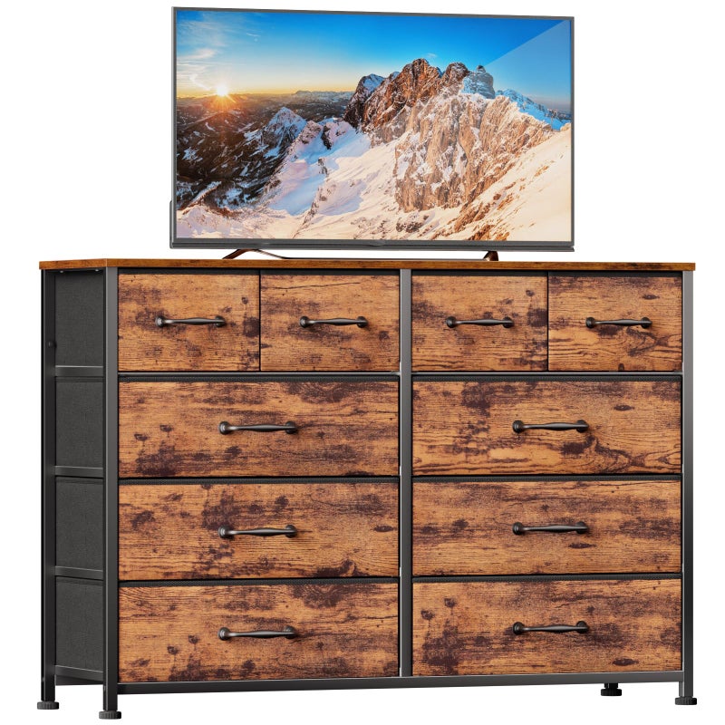 Furnulem Furnulem Bedroom Dresser for 55Long TV Stand10 Storage Organizer Dressers  Chests of Drawers Sturdy Metal Frame  Wood Top Tall Storage Cabinet for Bedroom Closet Living Room Entryway Rustic Brown