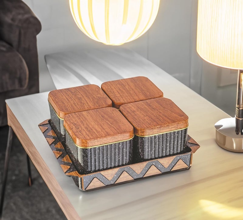 Nabhya Bellagio Wooden 4pc Multipurpose Airtight Dry Fruit Container With Lid & Serving Tray, Kitchen Food Storage Container Set, Diwali Gifting Items For Friends, Family Employees (Black) - Image 3