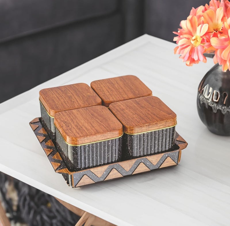 Nabhya Bellagio Wooden 4pc Multipurpose Airtight Dry Fruit Container With Lid & Serving Tray, Kitchen Food Storage Container Set, Diwali Gifting Items For Friends, Family Employees (Black) - Image 5