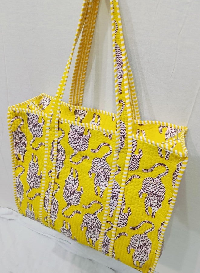 CRAFT KALA Women's Unique Quilted Large Cotton Fabric Tote Bag Travel Grocery Shopping Weekend Trips with Inside Pocket, Yellow - Image 3