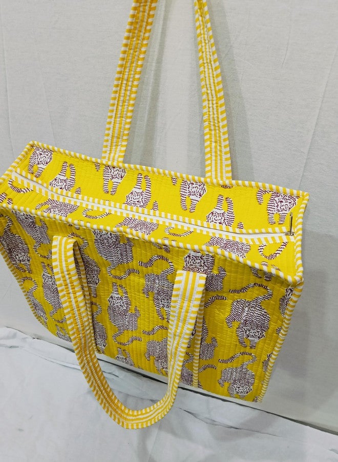 CRAFT KALA Women's Unique Quilted Large Cotton Fabric Tote Bag Travel Grocery Shopping Weekend Trips with Inside Pocket, Yellow - Image 4