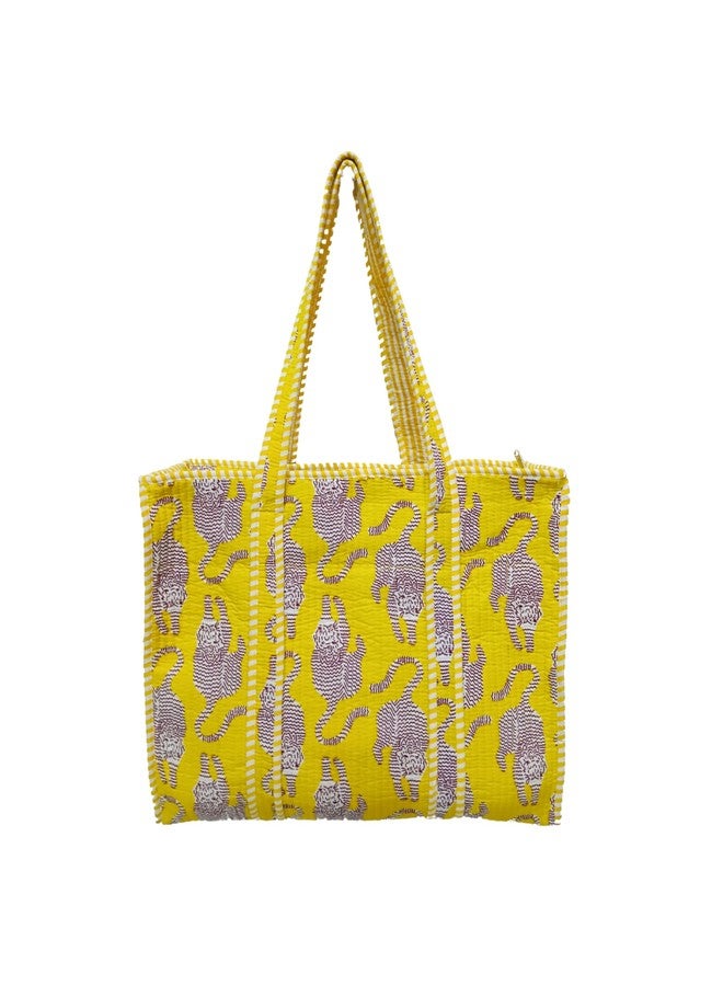 CRAFT KALA Women's Unique Quilted Large Cotton Fabric Tote Bag Travel Grocery Shopping Weekend Trips with Inside Pocket, Yellow - Image 1