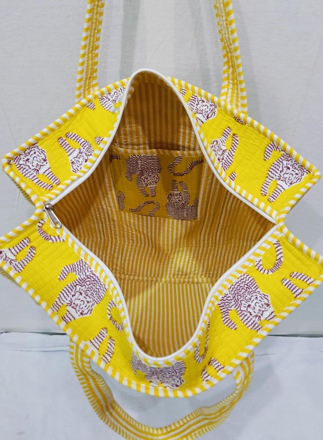 CRAFT KALA Women's Unique Quilted Large Cotton Fabric Tote Bag Travel Grocery Shopping Weekend Trips with Inside Pocket, Yellow - Image 5