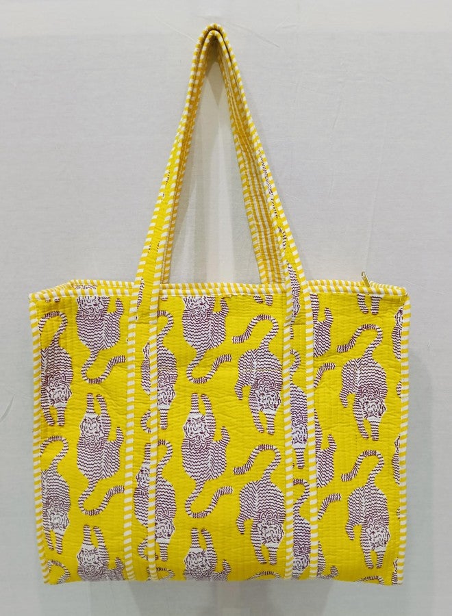 CRAFT KALA Women's Unique Quilted Large Cotton Fabric Tote Bag Travel Grocery Shopping Weekend Trips with Inside Pocket, Yellow - Image 2