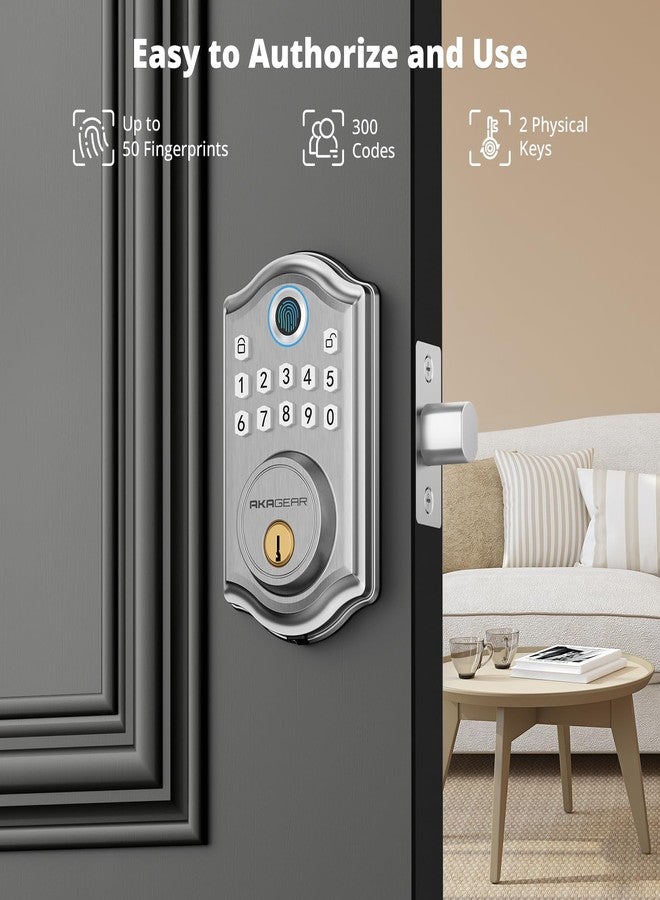 AkaGear DS10 Keyless Entry Door Lock - Fingerprint Door Lock with 2 Keys, Electronic Keypad Deadbolt, Smart Door Lock, Keypad Lock for Front Door, Auto-Lock & One Touch Locking - Satin Nickel - Image 4