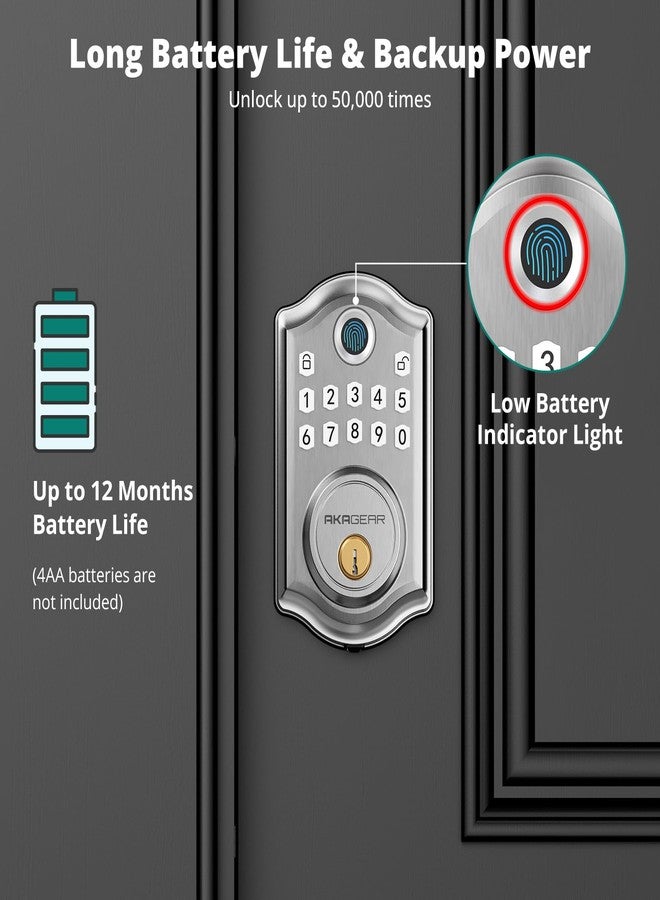 AkaGear DS10 Keyless Entry Door Lock - Fingerprint Door Lock with 2 Keys, Electronic Keypad Deadbolt, Smart Door Lock, Keypad Lock for Front Door, Auto-Lock & One Touch Locking - Satin Nickel - Image 5