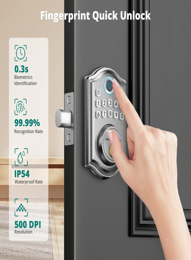 AkaGear DS10 Keyless Entry Door Lock - Fingerprint Door Lock with 2 Keys, Electronic Keypad Deadbolt, Smart Door Lock, Keypad Lock for Front Door, Auto-Lock & One Touch Locking - Satin Nickel - Image 2