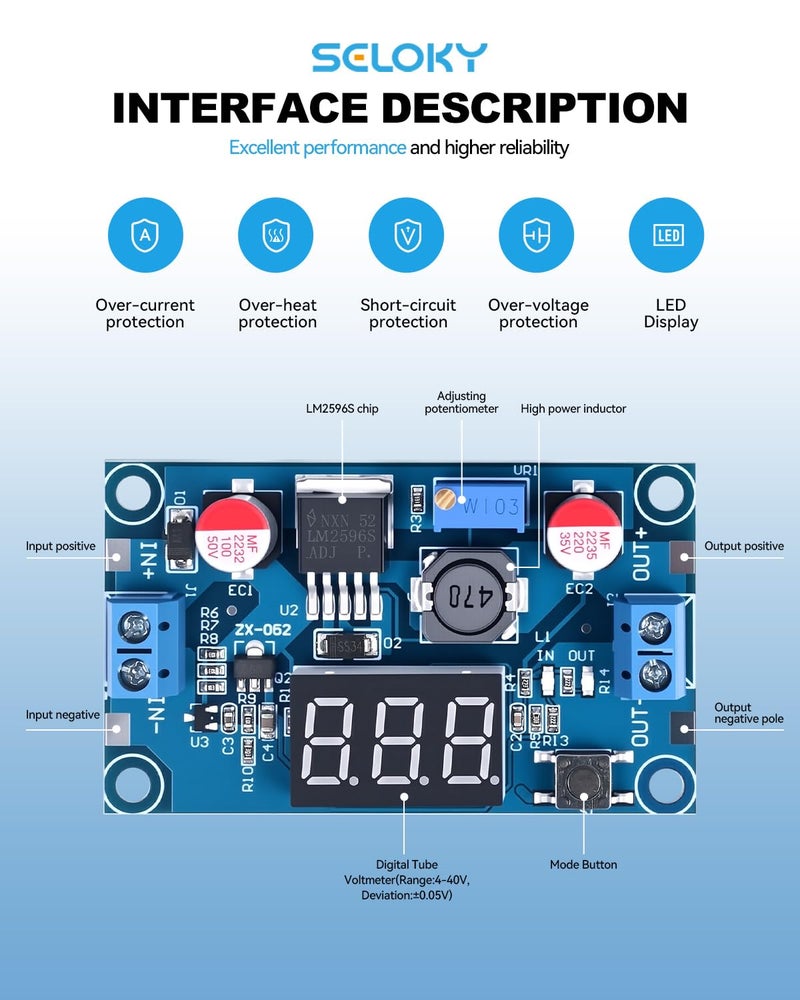 سيلوكي وحدة محول طاقة من نوع DC-DC من طراز LM2596، معدل تنظيم جهد قابل للتعديل من 4-40V إلى 1.25-37V، مزودة بمقياس جهد LED (عبوة تحتوي على 2 وحدة) - Image 2